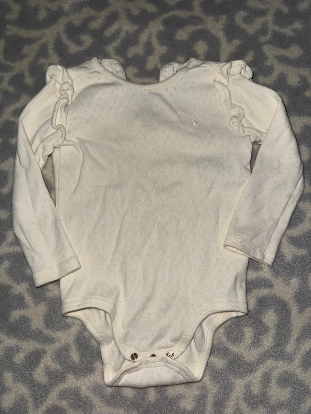 🩷🐻RL🐻🩷 EUC 18m Ruffled Cream Pointelle-Knit Cotton Bodysuit. Like new!